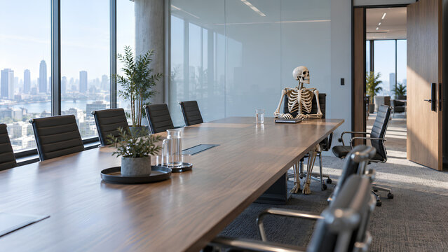 Skeleton Waiting Alone in a Modern Conference Room