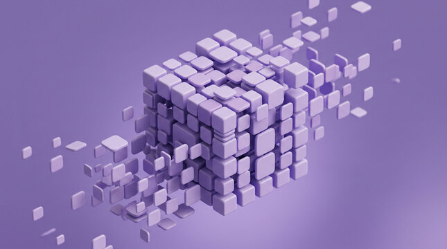 Abstract 3d rendering of a purple cube composed of smaller blocks, symbolizing digital data, technology, and information structure