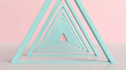 Fototapeta premium Abstract 3d render of a perspective tunnel made of repeating light blue triangular frames against a soft pink background