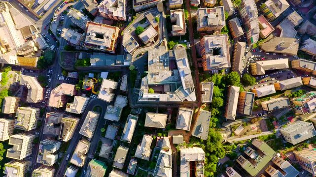 Genoa, Italy. Central part of the city. Station - Genova Piazza Principe. Drone footage, HEAD OVER SHOT