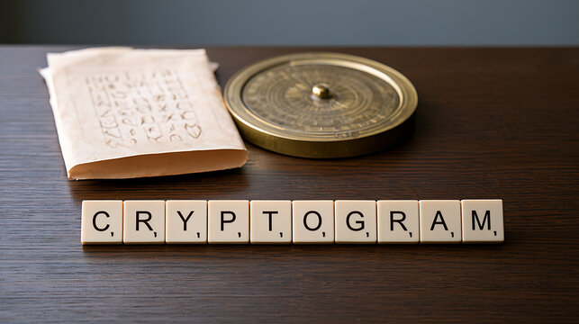 Cryptogram puzzle concept on wooden table with letter tiles, cipher disk, and encoded paper note, highlighting cryptography and secret code