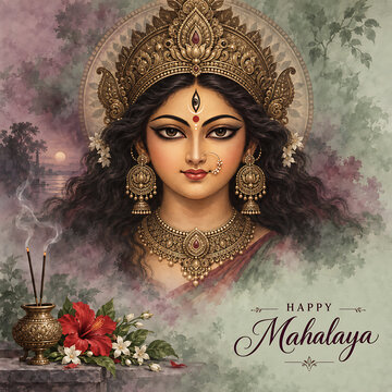 Watercolor goddess durga portrait with ornate jewelry incense and hibiscus flowers creating elegant mahalaya greeting artwork for durga puja festival devotional celebration