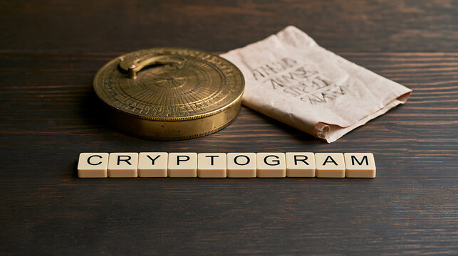 Cryptogram text spelled out with letter tiles on a dark wooden table next to an antique brass compass and a parchment note with code