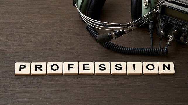 Professional word spelled out with letter tiles on a dark wooden desk next to vintage radio headset equipment and radio transceiver gear