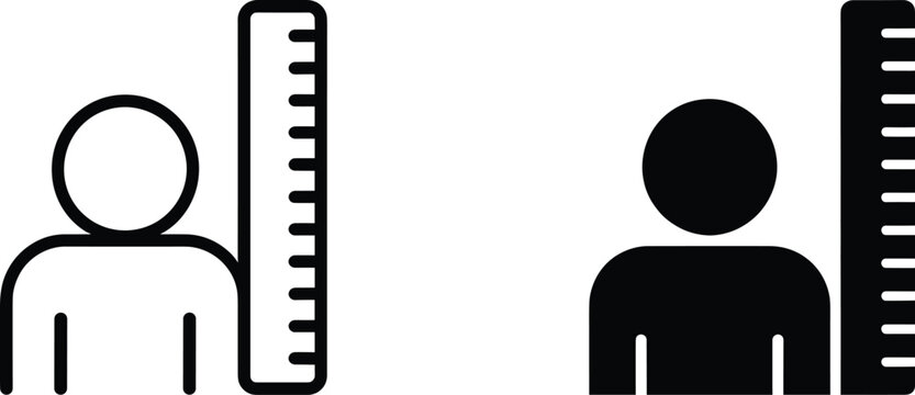 Black and white line and solid of a person standing next to a measuring height scale ruler symbol sign