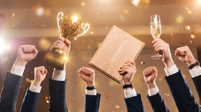 Celebrating hands raise a golden trophy and wooden plaque in triumph