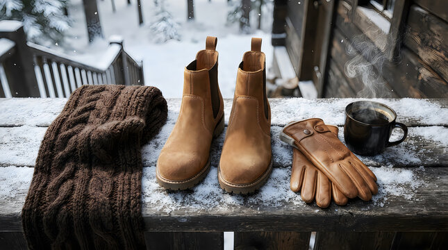Brown leather boots with warm gloves and a cup of coffee on a rustic wooden porch in winter