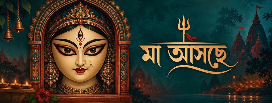 Sacred goddess durga face with temple silhouettes lamps and trident evoking mahalaya spirituality and traditional durga puja worship across bengal india festival