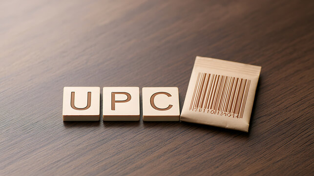 UPC text tile and barcode label on dark wood table surface background representing retail product code identifier and inventory commerce sys