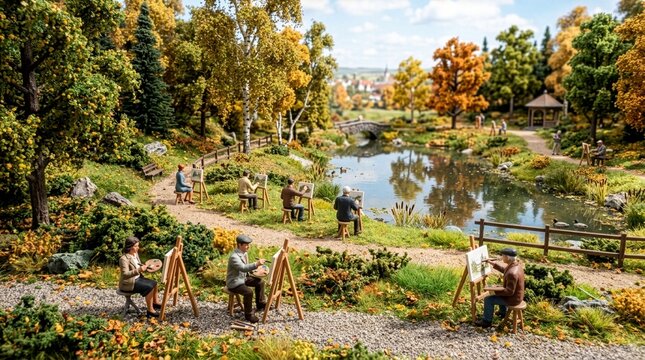 秋の公園で風景を描く人々