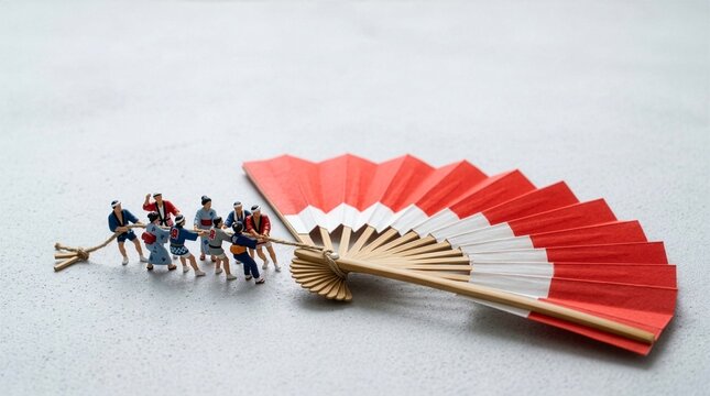 巨大な紅白扇子を引く祭り人の綱引き