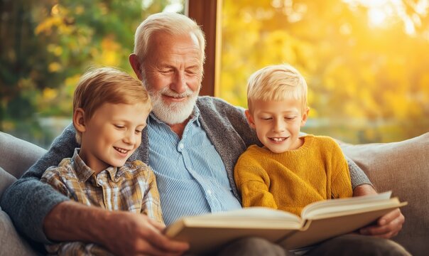 Grandparent and grandchild read on sofa