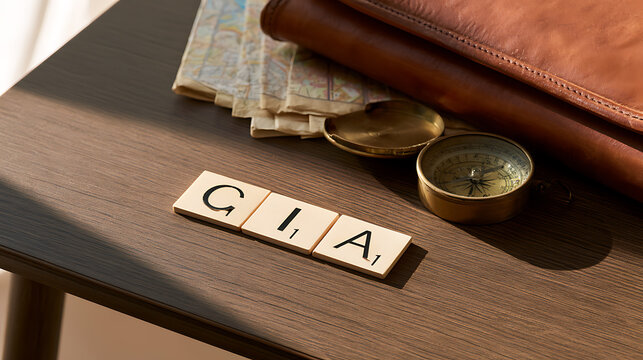 Travel and adventure concept flat lay with letter tiles spelling Gia on a wooden table beside a vintage compass, maps and a leather bag
