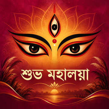 Powerful goddess durga eyes with third eye kans grass and sunset landscape representing mahalaya awakening before sacred durga puja festivities in bengal