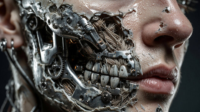 Damaged Synthetic Humanoid Face Revealing Metal Endoskeleton