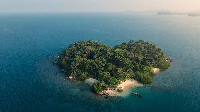 Aerial view of a heart shaped tropical island surrounded by blue ocean water with a sandy beach