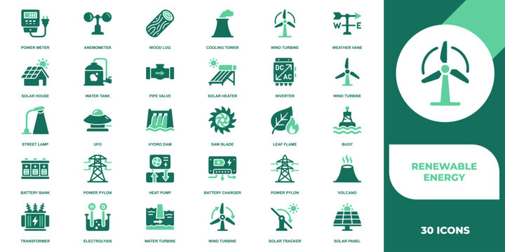 Renewable energy and power generation icon set. Containing wind turbine, solar panel, hydro dam, battery bank, power pylon, cooling tower, heat pump, and transformer. Vector solid icons collection.