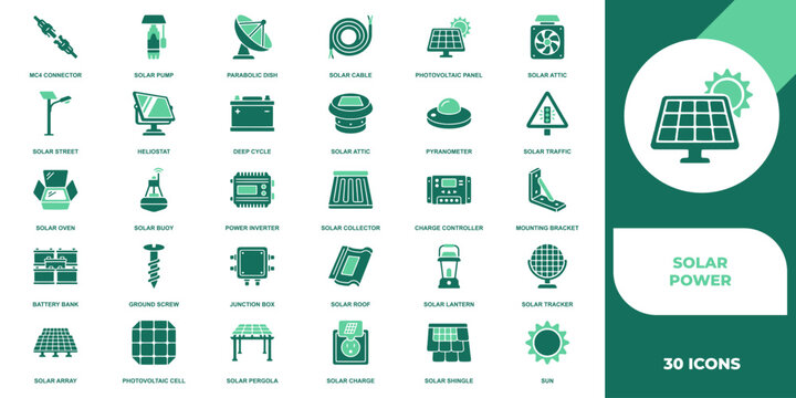 Solar energy and renewable power icon set. Containing solar panels, batteries, inverters, connectors, cables, charge controllers, street lights, and trackers. Vector solid icons collection.