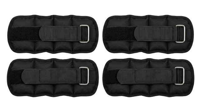 Four black ankle weights designed for fitness, strength training, and resistance exercises. Professional gear for gym workouts, rehabilitation, and athletic endurance.