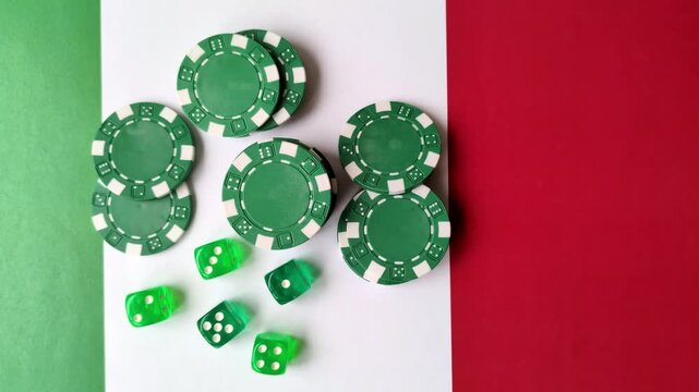Playing cards, dice and chips on a table, a gambling game of blackjack. Cards, dice and chips