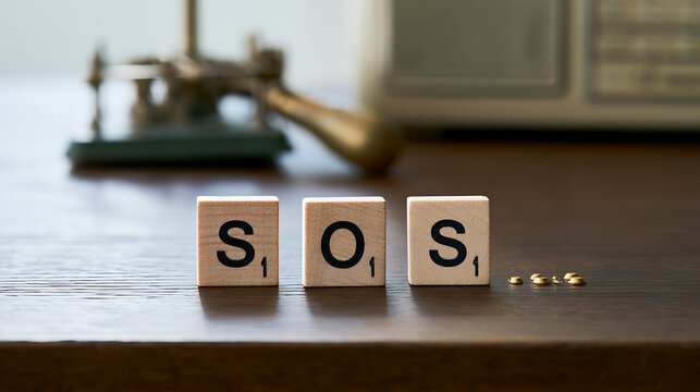 Wooden tiles spell out the emergency message SOS on a wooden table with a telegraph key and radio in background, vintage communication style