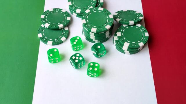 Playing cards, dice and chips on a table, a gambling game of blackjack. Cards, dice and chips