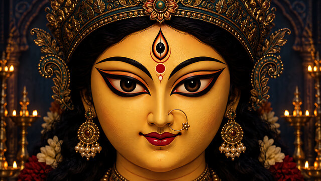 Goddess durga idol face closeup with ornate crown traditional jewelry and glowing lamps celebrating durga puja and mahalaya sacred bengali festival tradition