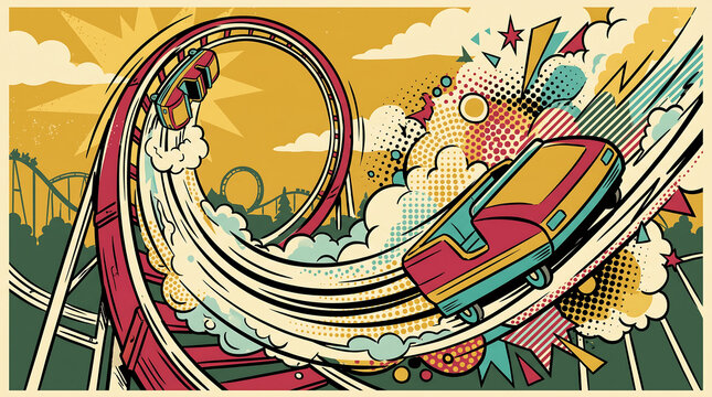 Dynamic Vintage Comic Book Style Rollercoaster Illustration with Vibrant Pop Art Colors and Explosive Halftone Action Details