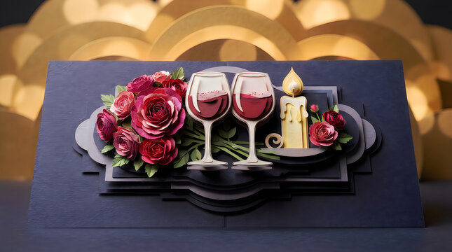 Two glasses of red wine with a bouquet of red roses and a glowing candle on a dark tray table