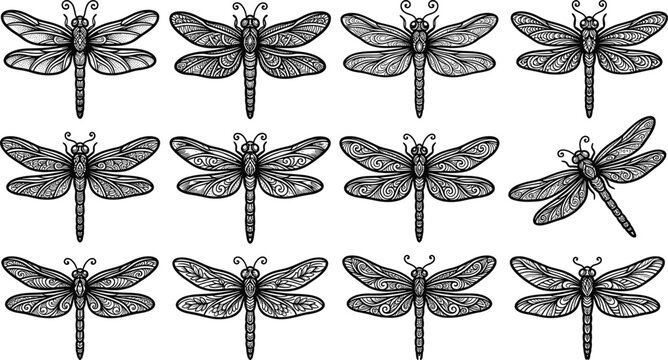 Ornate Tribal and Zentangle Dragonflies Set Featuring Detailed Patterns and Wings in Black Vector Illustration