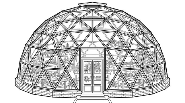 Geodesic dome greenhouse line art, botanical conservatory glass structure illustration, modern garden biodome with tropical plants, architectural dome sketch