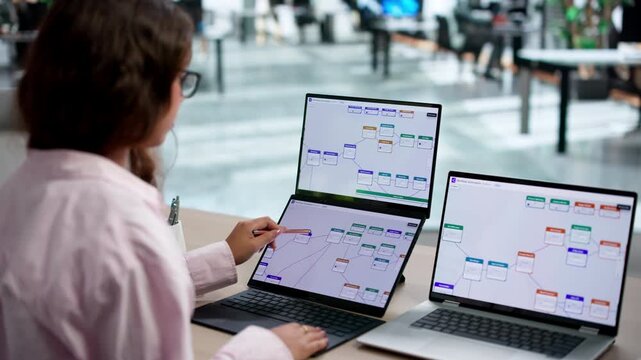 Young Hispanic Woman Business Analyst Optimizes Workflow