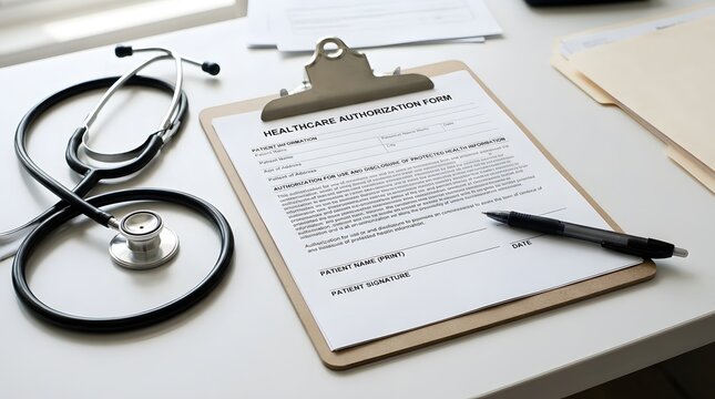 Healthcare Authorization Form with Pen, Clipboard and Stethoscope for Medical Consent and Legal Documentation