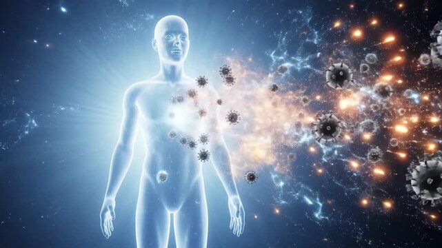 Human body internal immune system actively defending microscopic viral pathogen invading cellular biological structure, repelling infection, showing protective medical resistance mechanism.