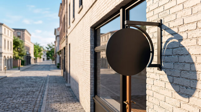 Blank Charcoal Circular Shop Signage Mockup hanging on a White Brick Wall in an Old European Street