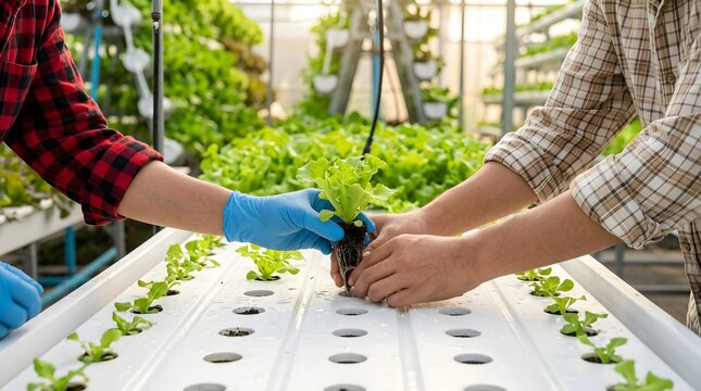 Hands of farmers planting green seedlings in a hydroponic system at indoor organic farm
