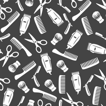 Hair salon background. Set of barber's tools&mdash;scissors, a comb, a shaving brush, a razor, and hair clippers&mdash;on a dark background.  Seamless vector design for a barber's cape. 