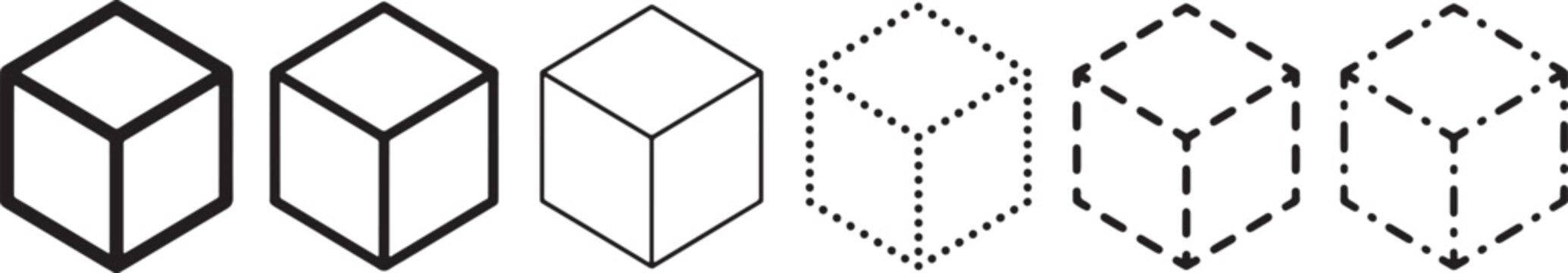Set of six isometric cube icons with varying stroke weights and dashed line styles for digital interface design
