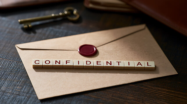 Confidential letter envelope with wax seal, old metal key, and wooden block letters on dark wood table, top view security concept layout