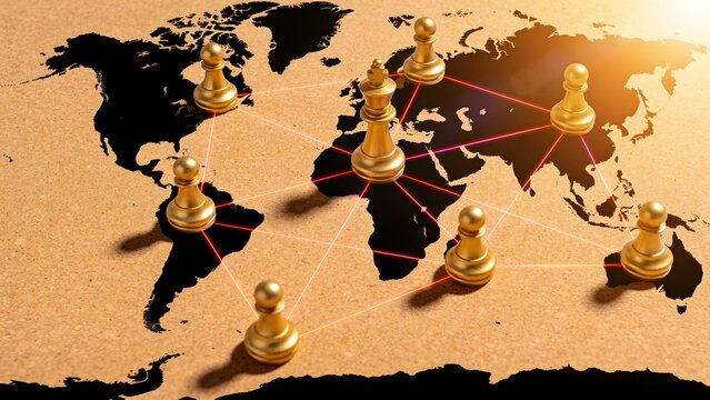 Golden chess pieces connected with red laser lines on world map concept of global strategy