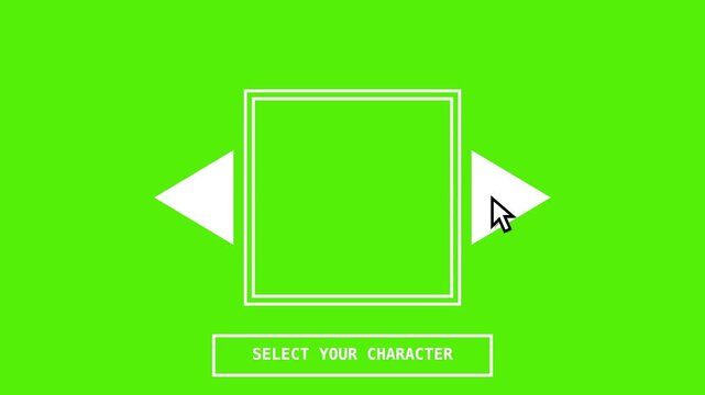 Retro gaming character selection screen on green screen, pixel art user interface with select your character text, vintage video game menu overlay