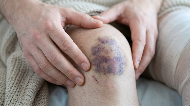 Bruised knee with purple hematoma, painful leg injury, skin contusion on joint