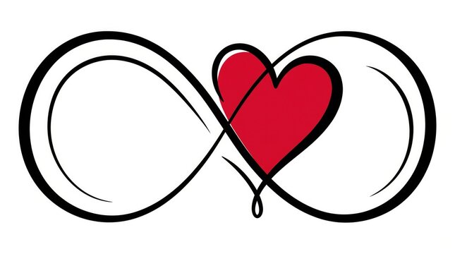 Hand drawn infinity symbol with a red heart isolated on a white background