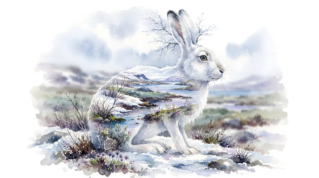 Double exposure watercolor illustration of a white hare in a snowy winter landscape isolated on transparent background