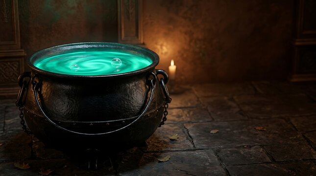 A mystical black iron cauldron filled with glowing green magic potion for a spooky halloween night celebration