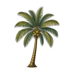 Obraz premium Tropical coconut palm tree png with transparent background, detailed vintage illustration