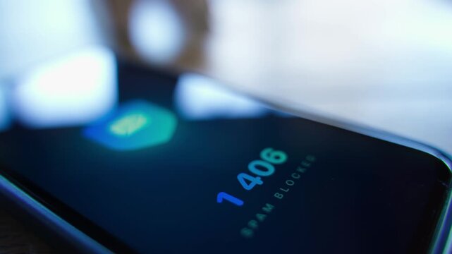 Smartphone screen showing number of blocked spam messages. Spam blocking app interface