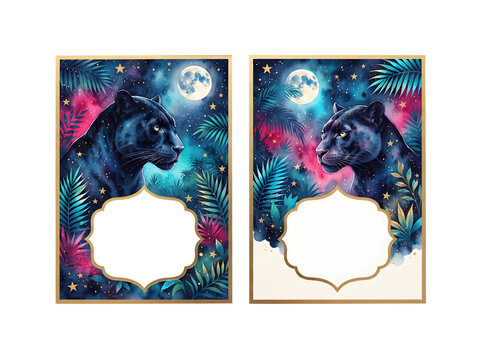 Two watercolor panther frames with tropical leaves and starry night sky isolated on transparent background