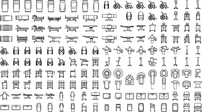 Set of hospital and medical equipment icons, top view, vector illustration for healthcare facility architectural floor plans