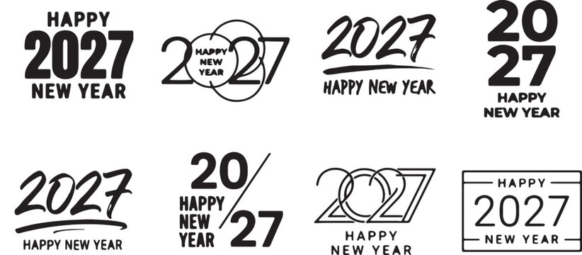 Happy New Year 2027 vector typography set isolated on white background. Clean line art and bold text lettering featuring brush script, geometric outline, stacked numbers, and framed badge styles for h